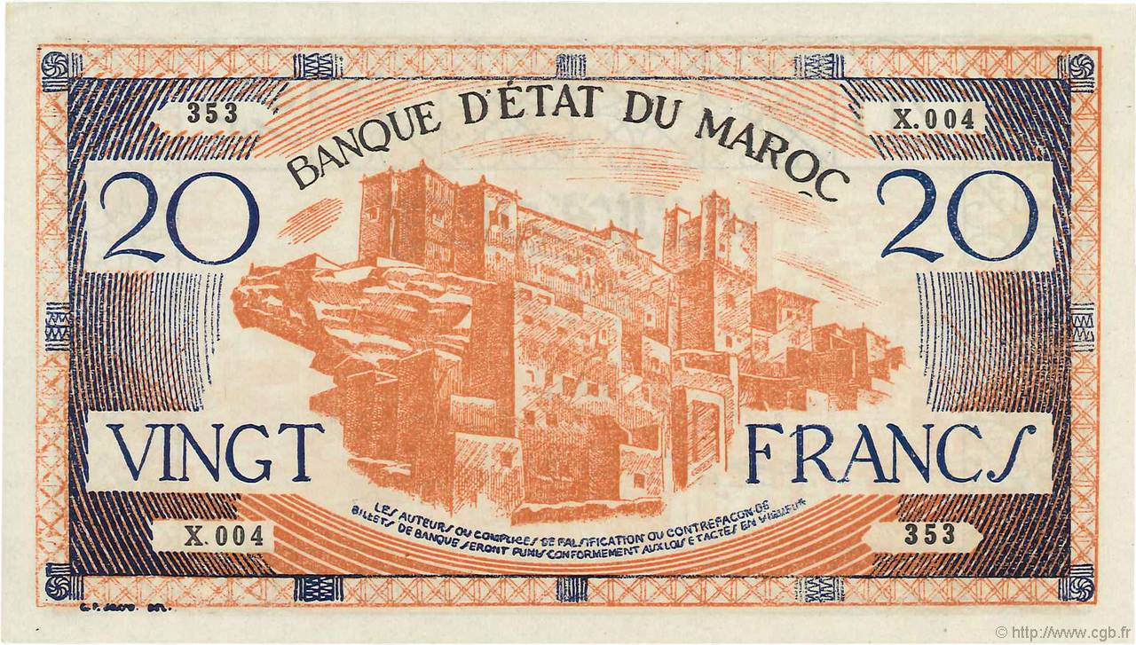 20 Francs MAROKKO  1943 P.39 fST+