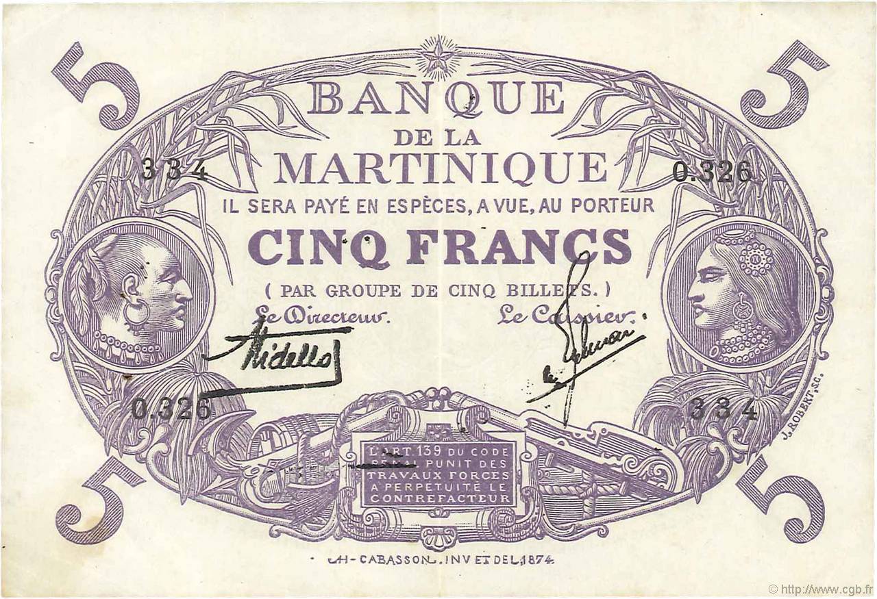 5 Francs Cabasson violet MARTINIQUE  1934 P.06 fVZ