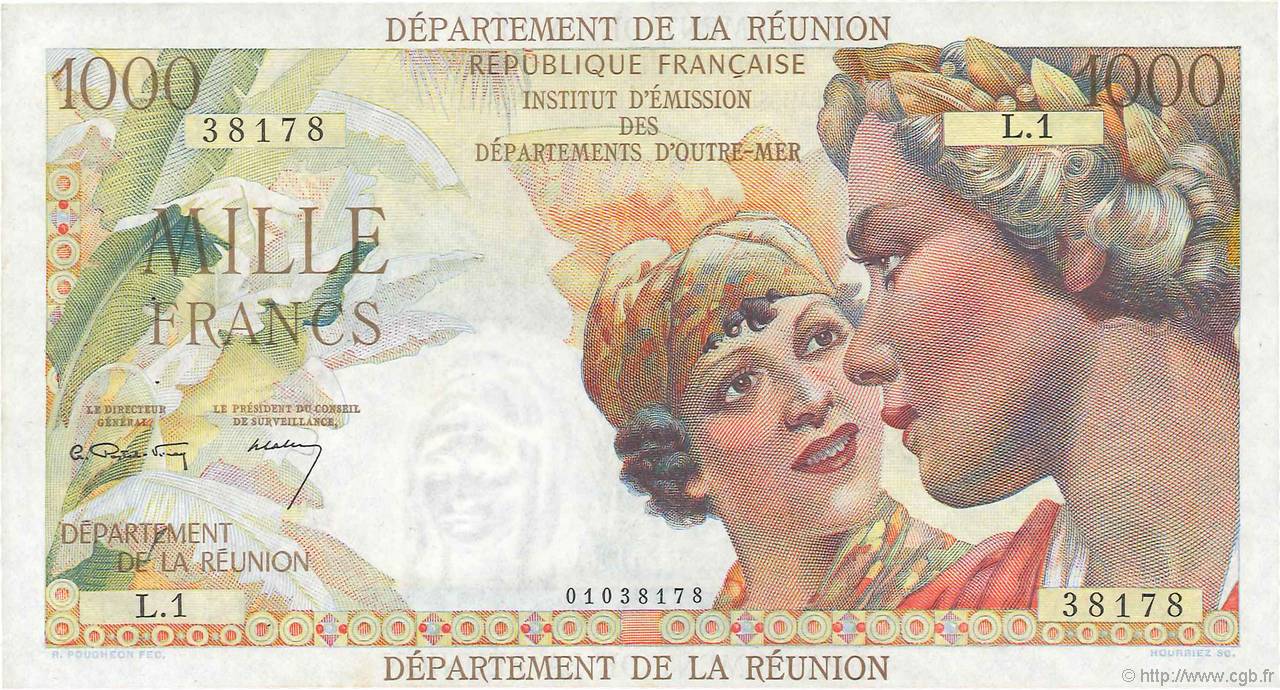 1000 Francs Union Française REUNION ISLAND  1946 P.47a XF