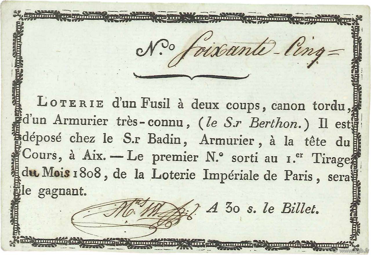 30 Sous Loterie Impériale FRANCE régionalisme et divers  1808  pr.NEUF