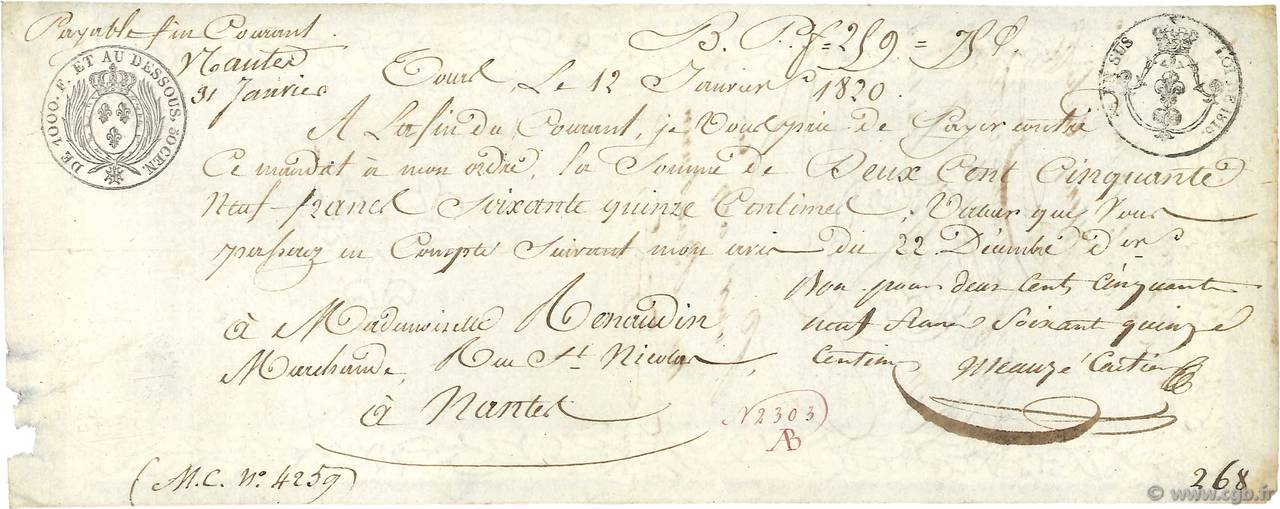 259,75 Francs FRANCE regionalism and miscellaneous Nantes 1820  VF