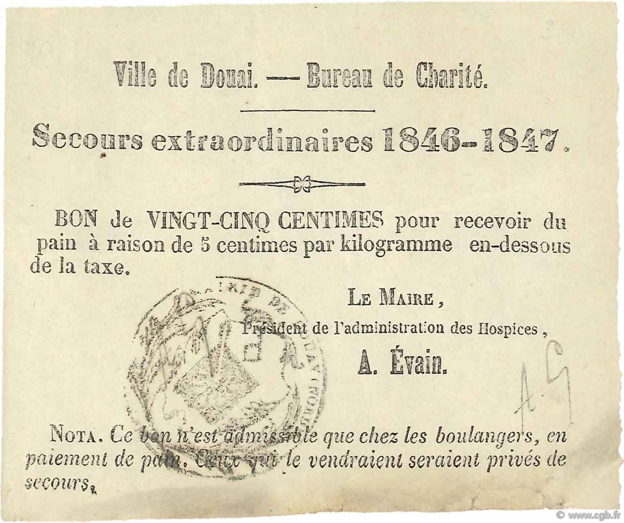 25 Centimes FRANCE regionalism and miscellaneous Douai 1846  VF