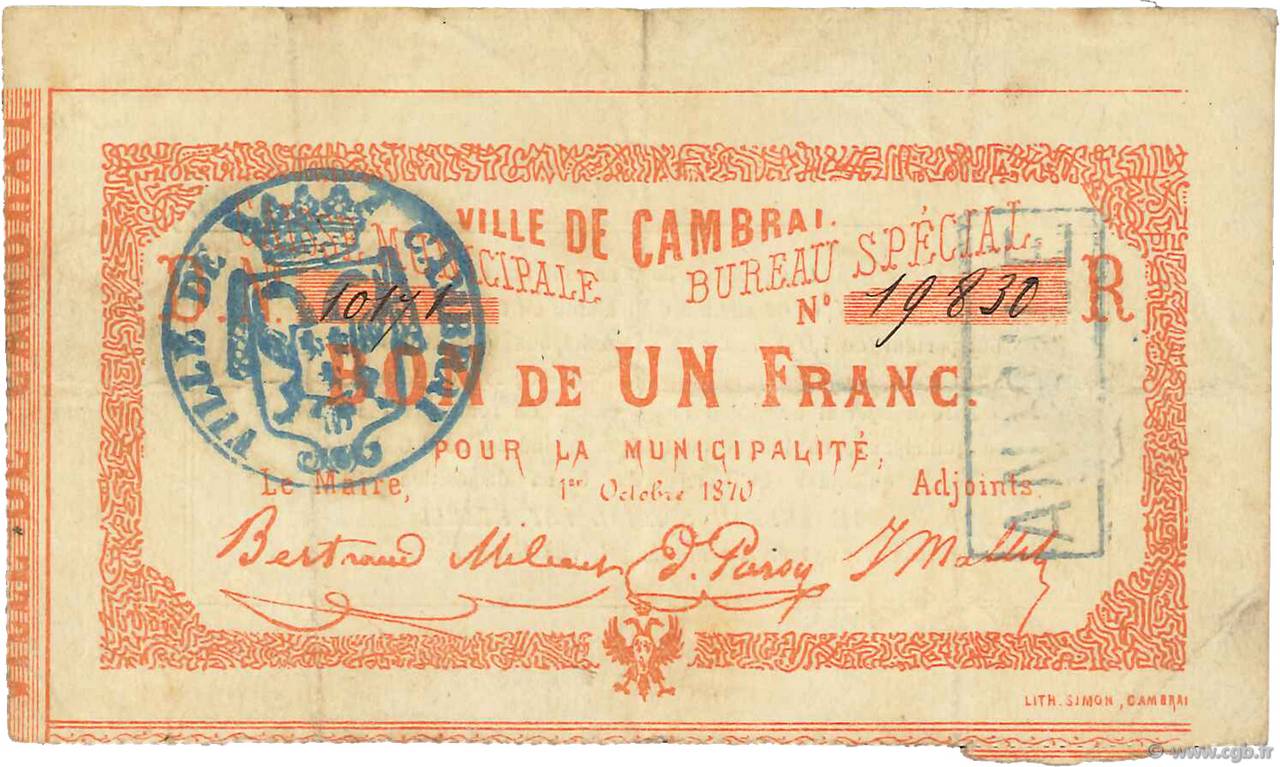 1 Franc Annulé FRANCE regionalismo e varie Cambrai 1871 JER.59.15a BB