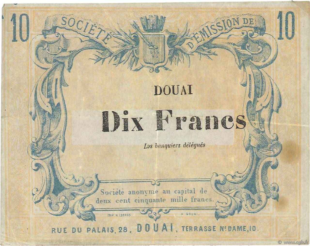 10 Francs Non émis FRANCE regionalism and various Douai 1870 JER.59.23c VF