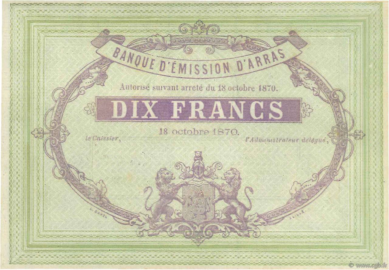 10 Francs Non émis FRANCE regionalismo e varie Arras 1870 JER.62.02c AU