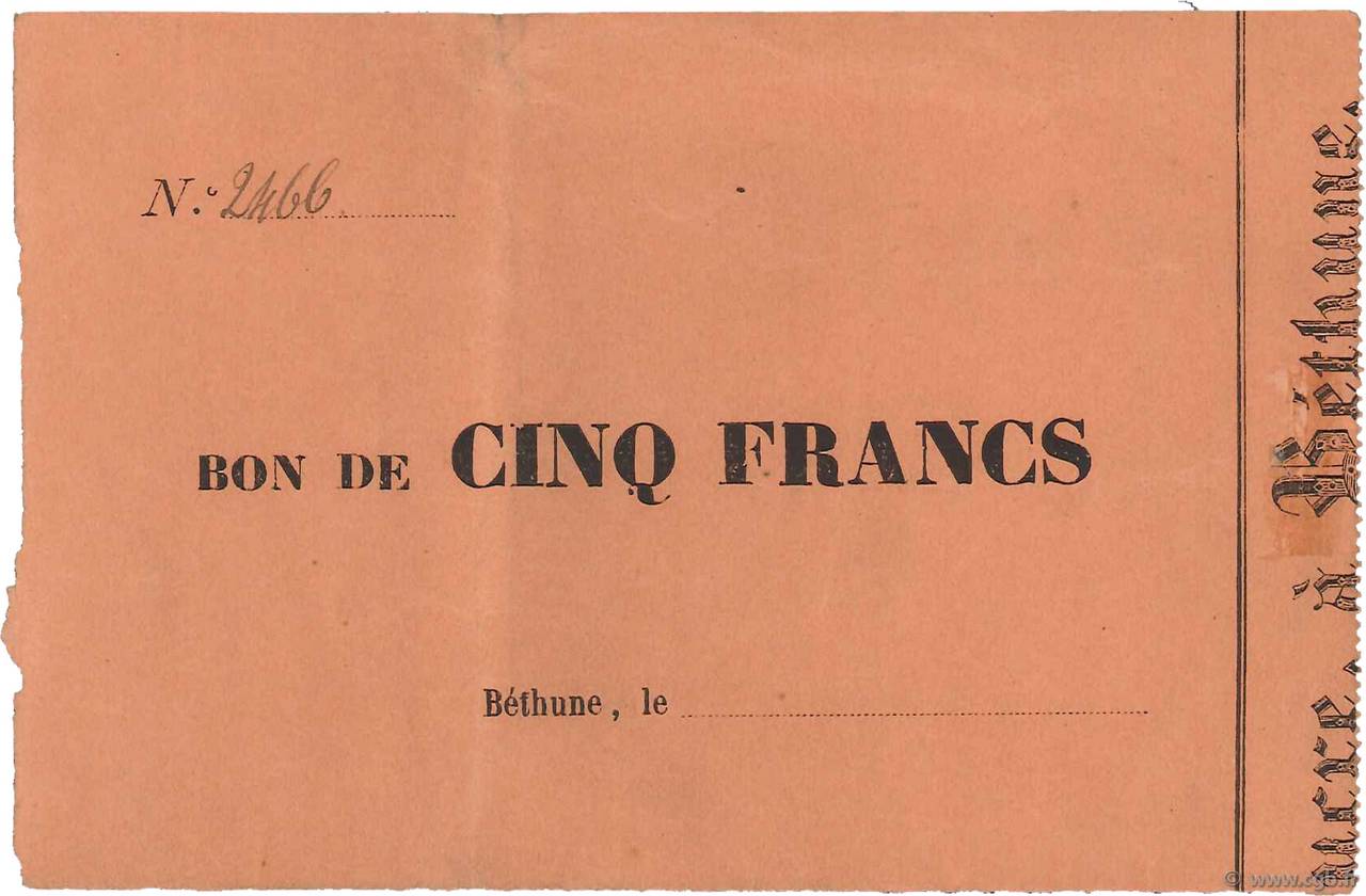 5 Francs FRANCE régionalisme et divers Béthune 1870 JER.62.04var TTB