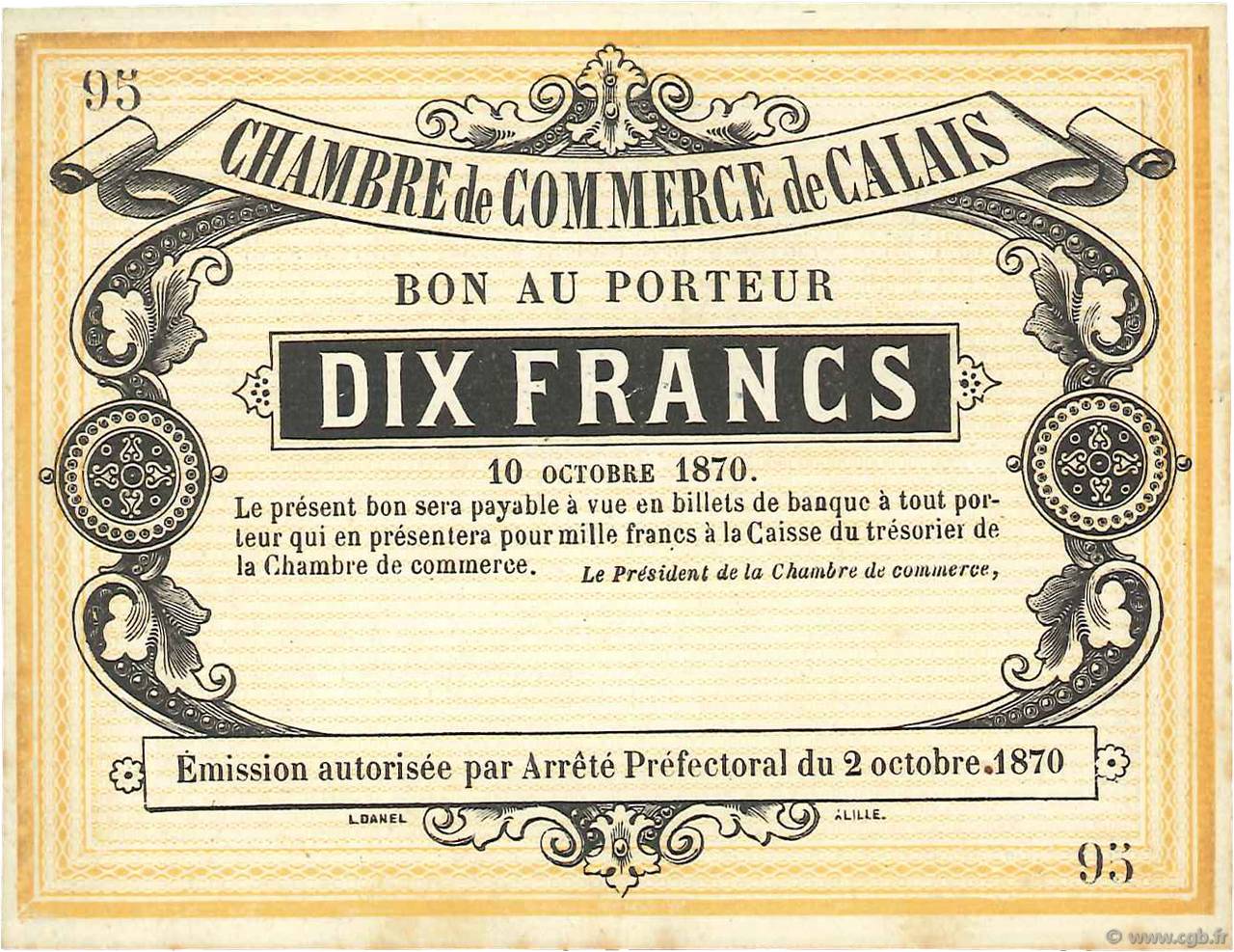 10 Francs Non émis FRANCE regionalism and various Calais 1870 JER.62.11b AU