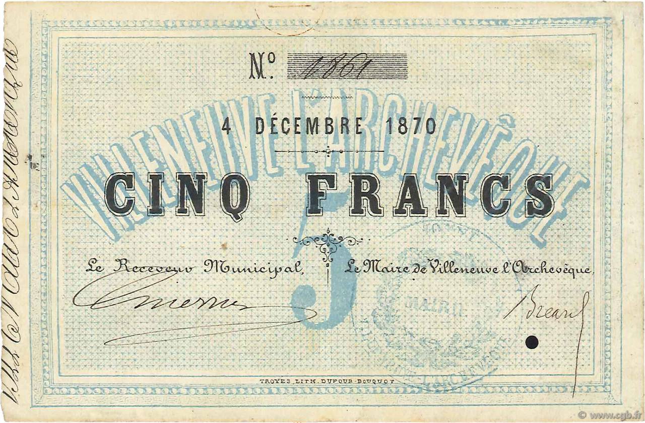 5 Francs FRANCE régionalisme et divers Villeneuve L Archevesque 1870 JER.89.03a TTB