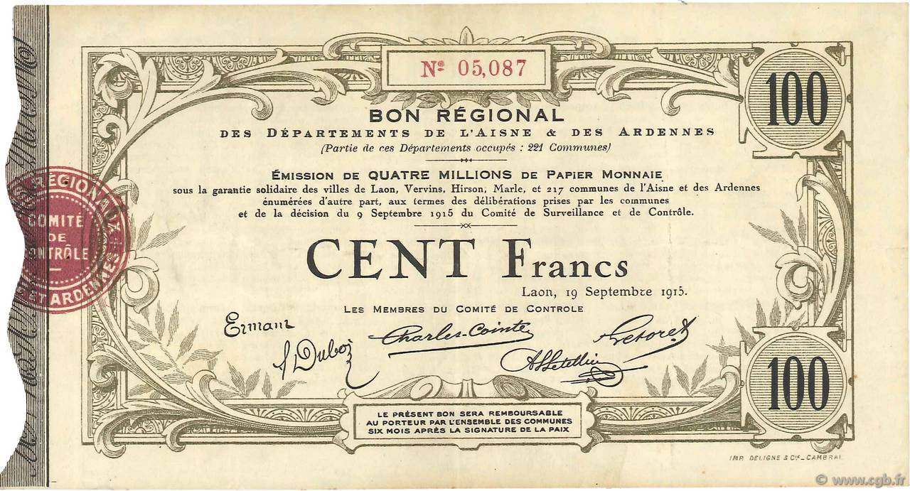 100 Francs FRANCE Regionalismus und verschiedenen  1915 JPNEC.02.1305 fVZ