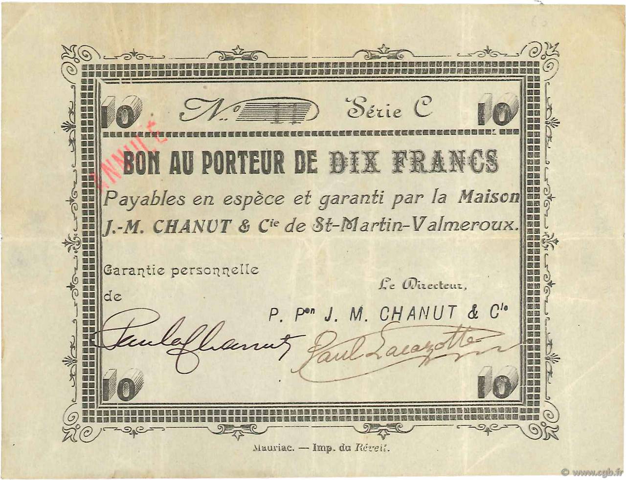 10 Francs Annulé FRANCE regionalism and miscellaneous  1914 JPNEC.15.18 VF