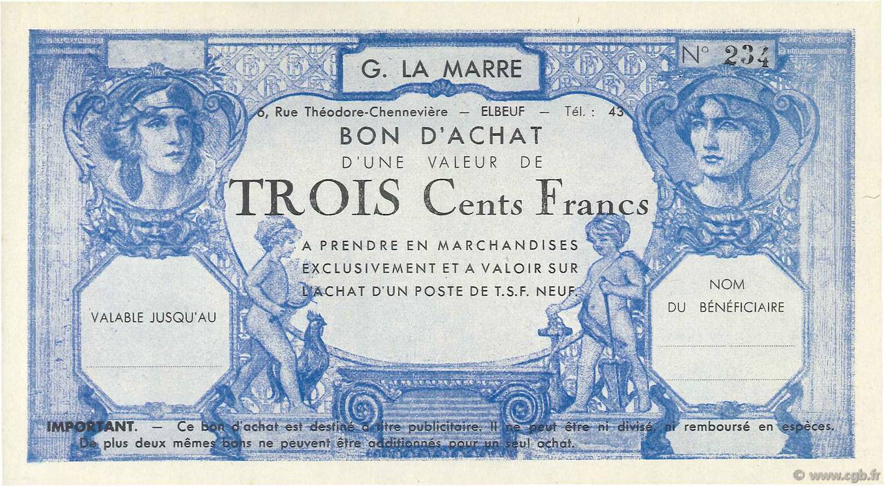 300 Francs Non émis FRANCE regionalism and various Elbeuf 1930  UNC