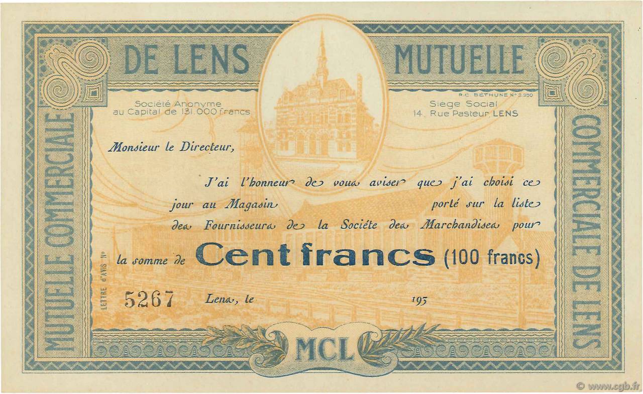 100 Francs FRANCE regionalismo e varie Lens 1930  AU