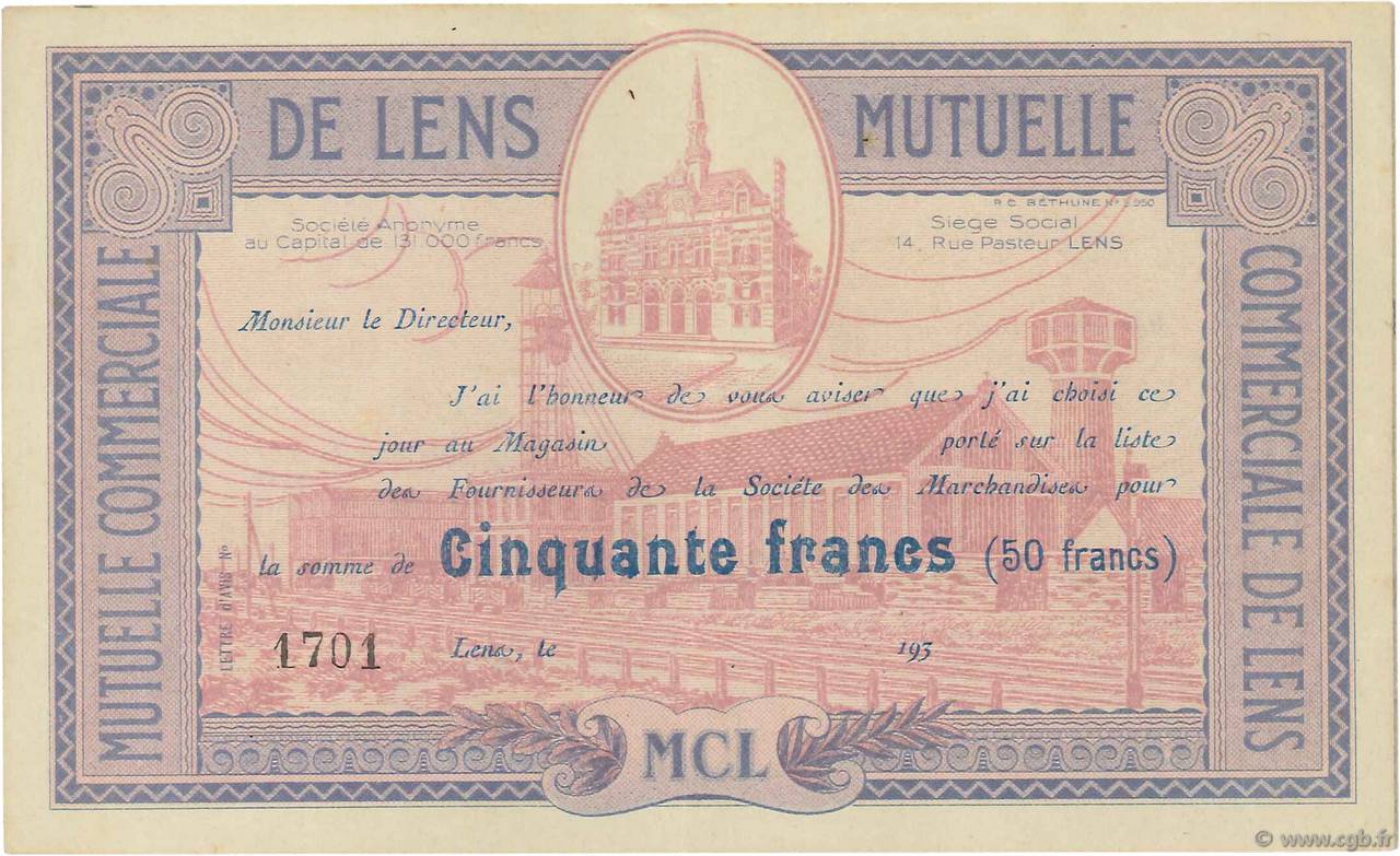 50 Francs FRANCE regionalism and miscellaneous Lens 1930  XF