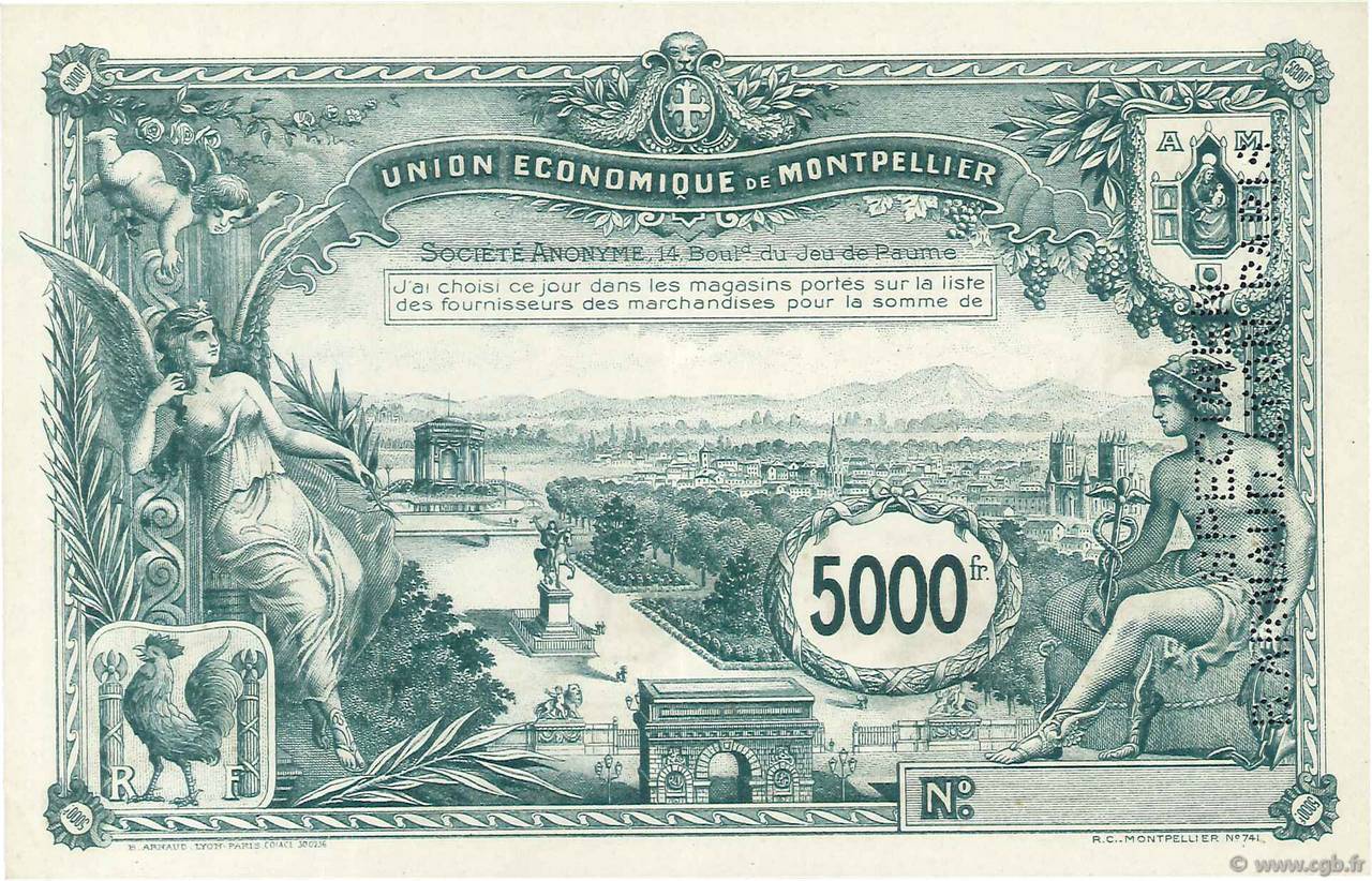 5000 Francs Spécimen FRANCE regionalism and various Montpellier 1920  AU