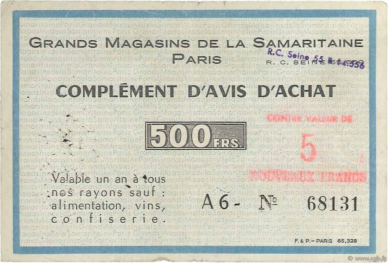 5 NF sur 500 Francs FRANCE regionalismo y varios Paris 1960  BC