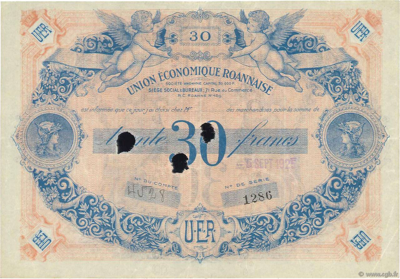 30 Francs Annulé FRANCE regionalismo y varios Roanne 1929  MBC+