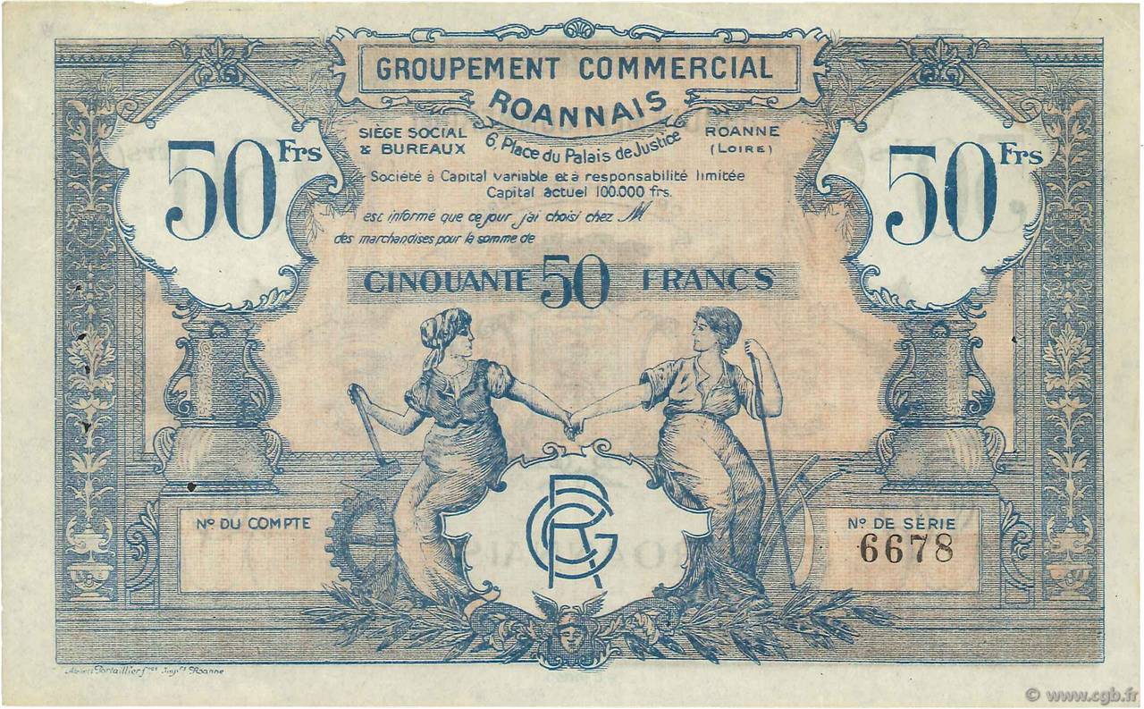 50 Francs FRANCE regionalism and miscellaneous Roanne 1935  VF