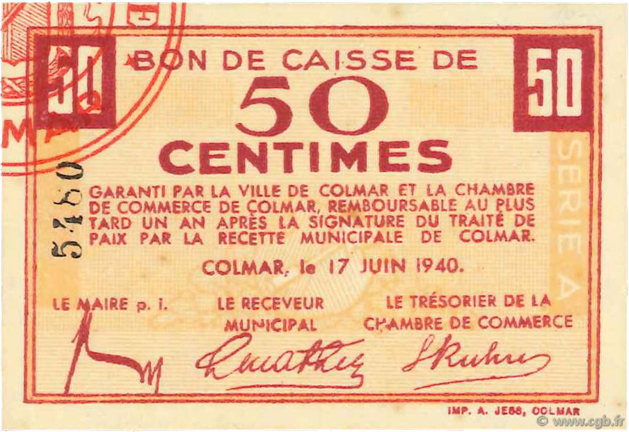 50 Centimes FRANCE regionalism and various Colmar 1940 K.012 UNC