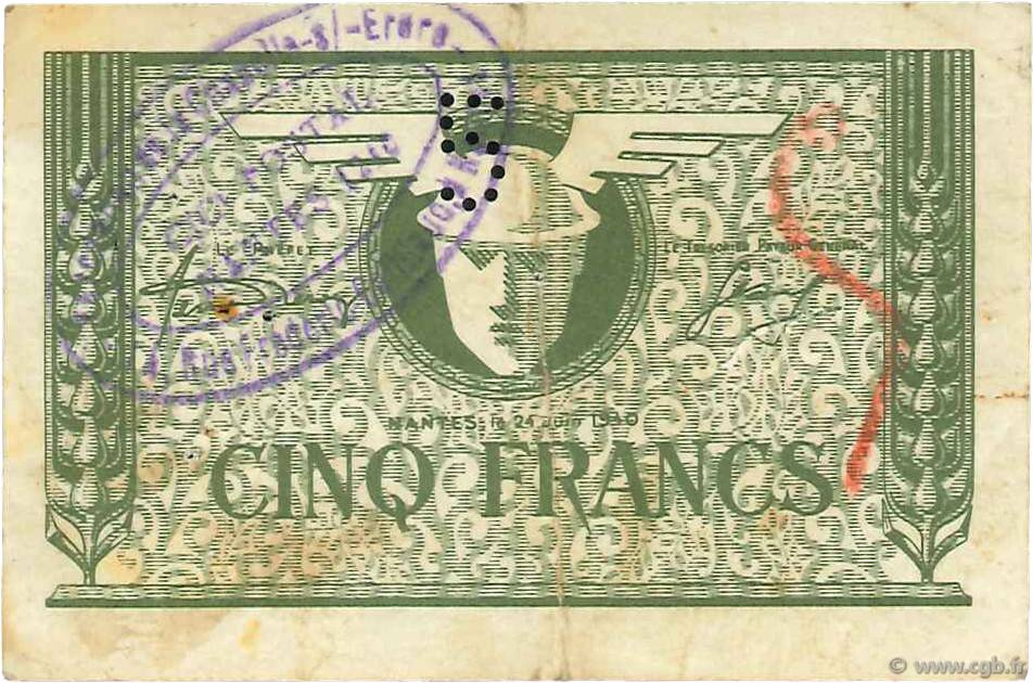 5 Francs FRANCE Regionalismus und verschiedenen Nantes 1940 K.081 S