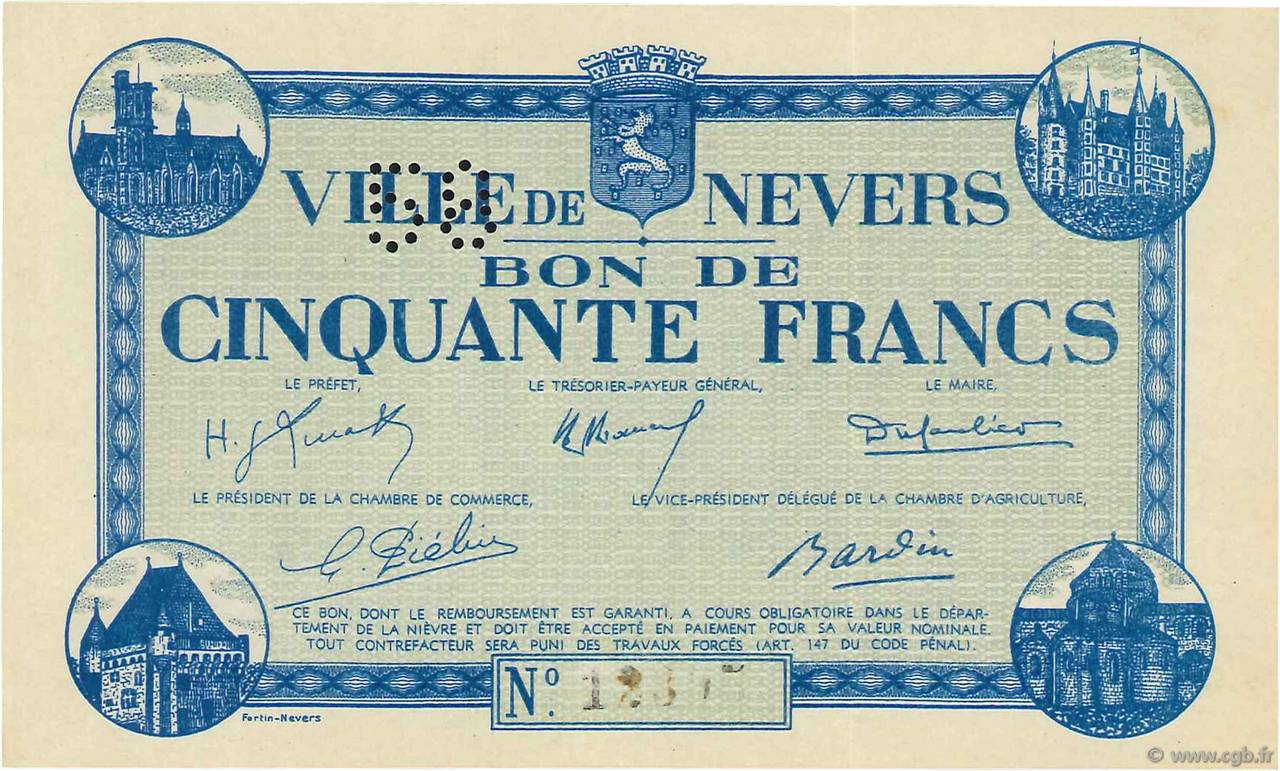 50 Francs FRANCE Regionalismus und verschiedenen Nevers 1940 K.090 fST