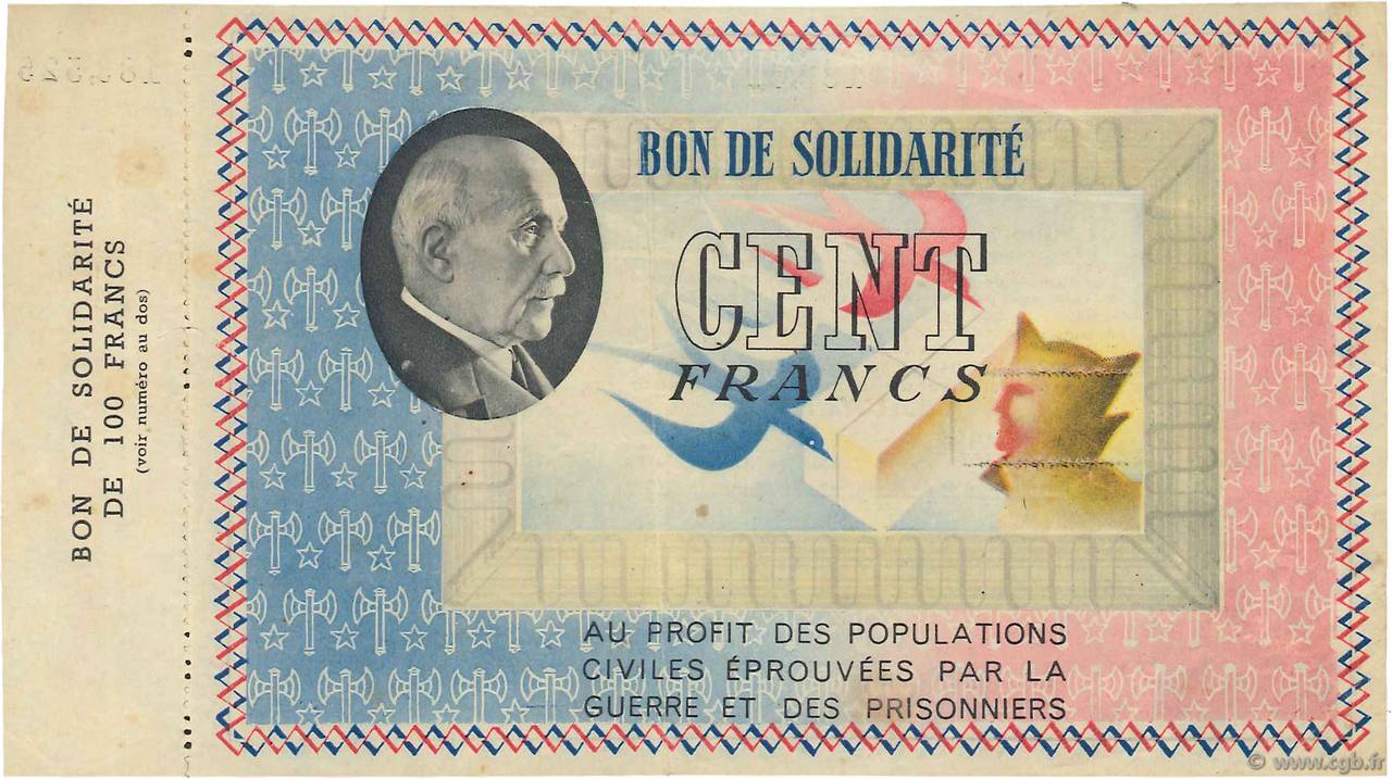 100 Francs BON DE SOLIDARITÉ FRANCE regionalism and miscellaneous  1941  VF