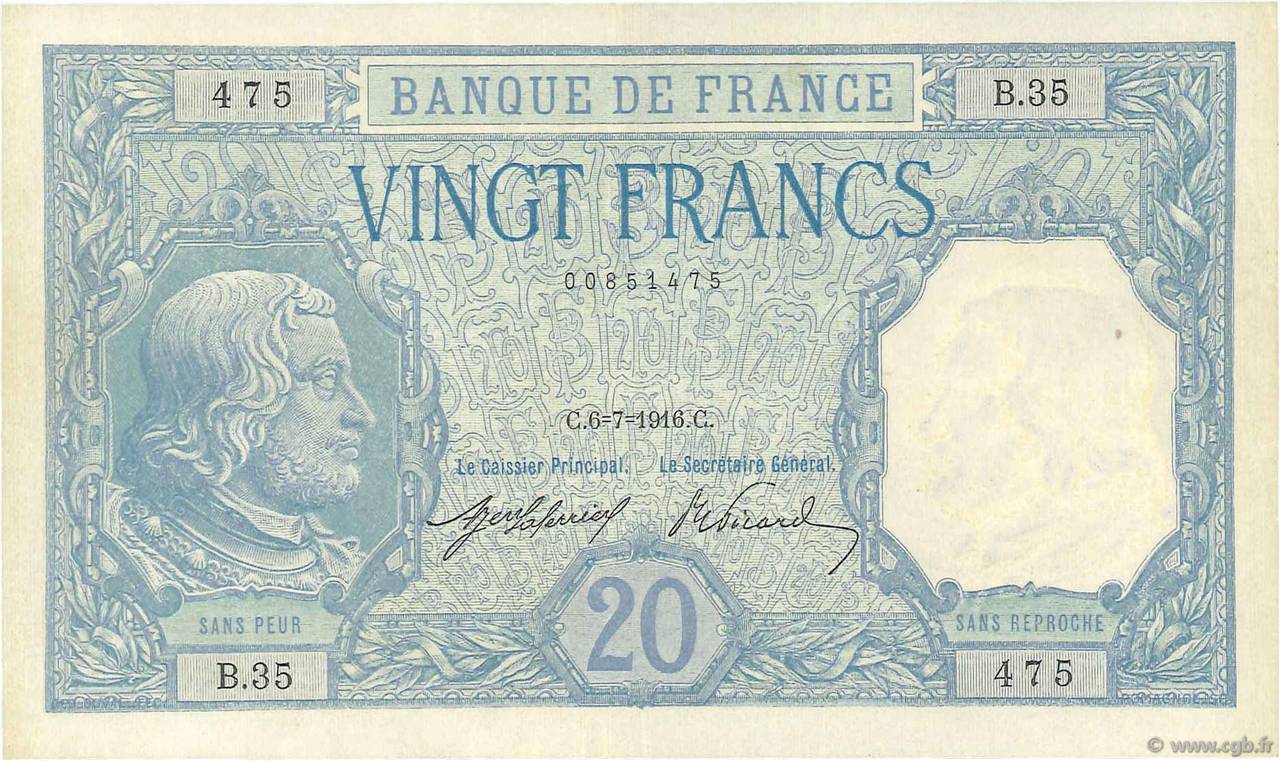 20 Francs BAYARD FRANCE  1916 F.11.01 VF - XF