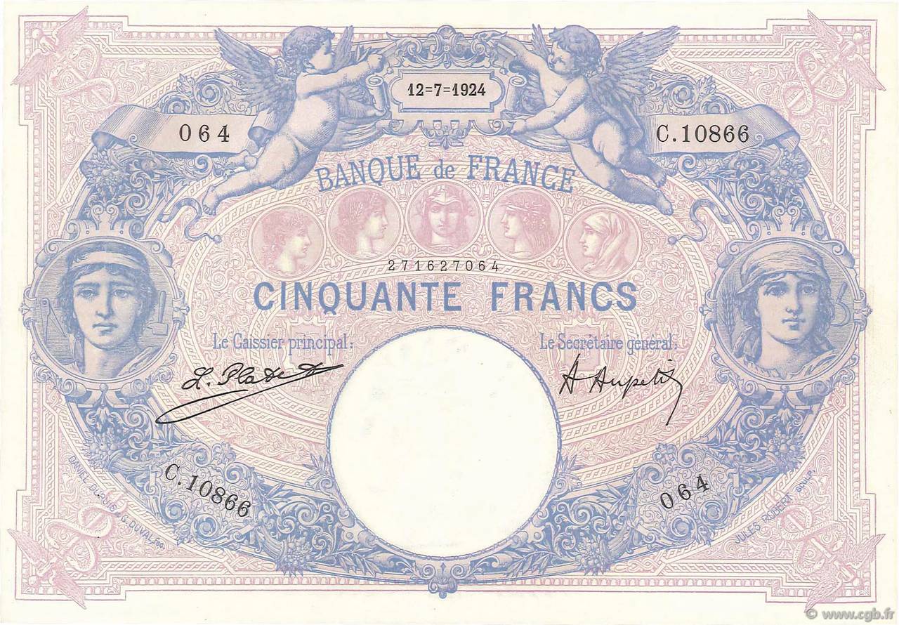 50 Francs BLEU ET ROSE FRANCIA  1924 F.14.37 q.AU