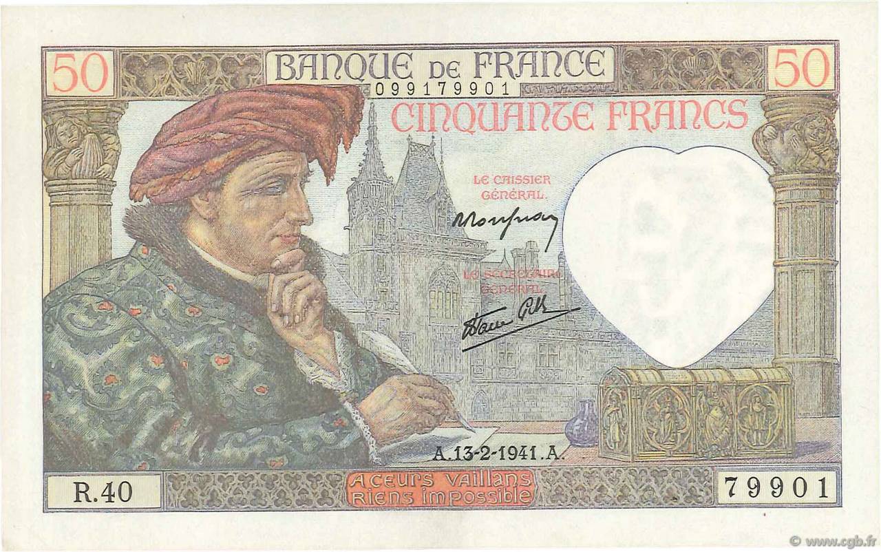 50 Francs JACQUES CŒUR FRANCE  1941 F.19.06 pr.SPL