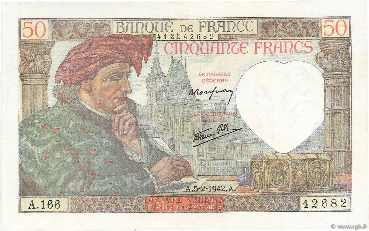 50 Francs JACQUES CŒUR FRANCE  1942 F.19.19 AU