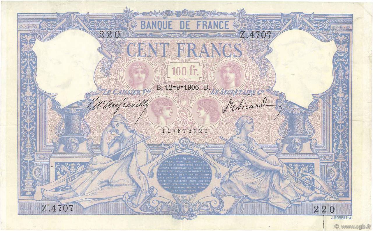 100 Francs BLEU ET ROSE FRANCE  1906 F.21.20 VF-