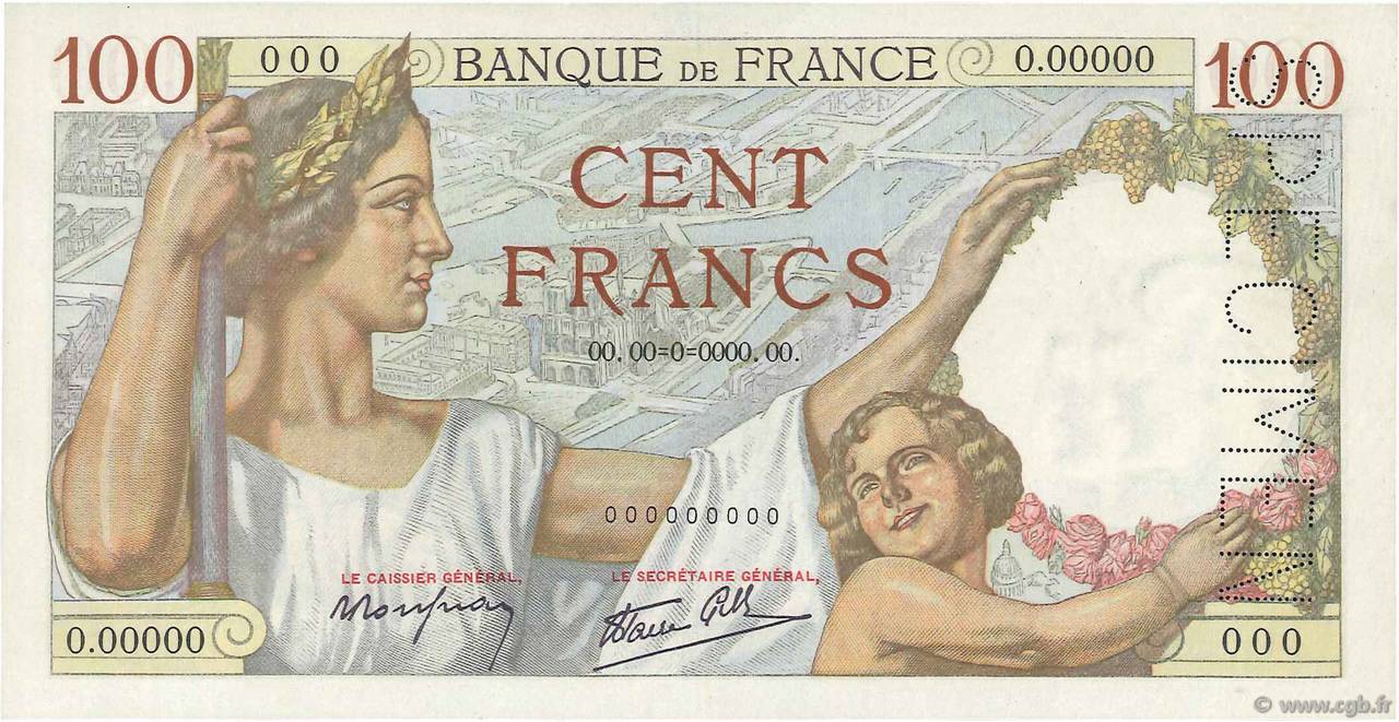 100 Francs SULLY Spécimen FRANCE  1939 F.26.01Sp2 AU