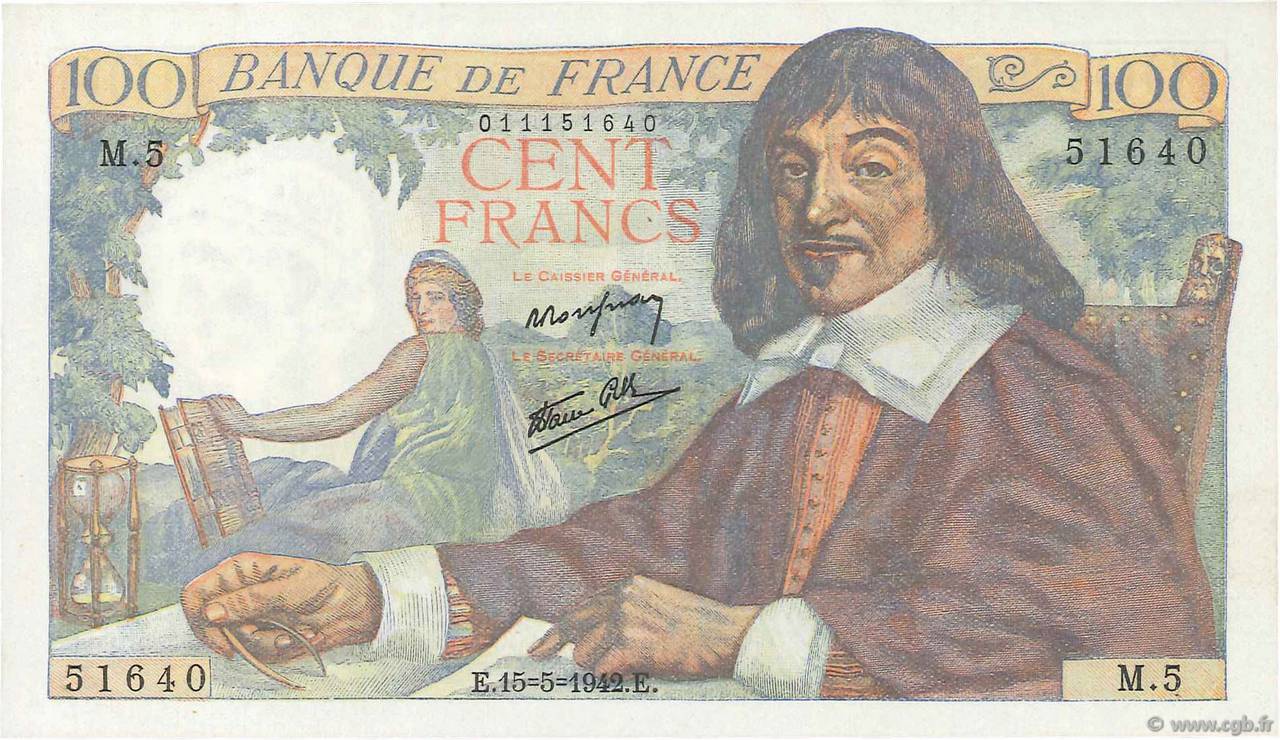 100 Francs DESCARTES FRANCIA  1942 F.27.01 q.FDC