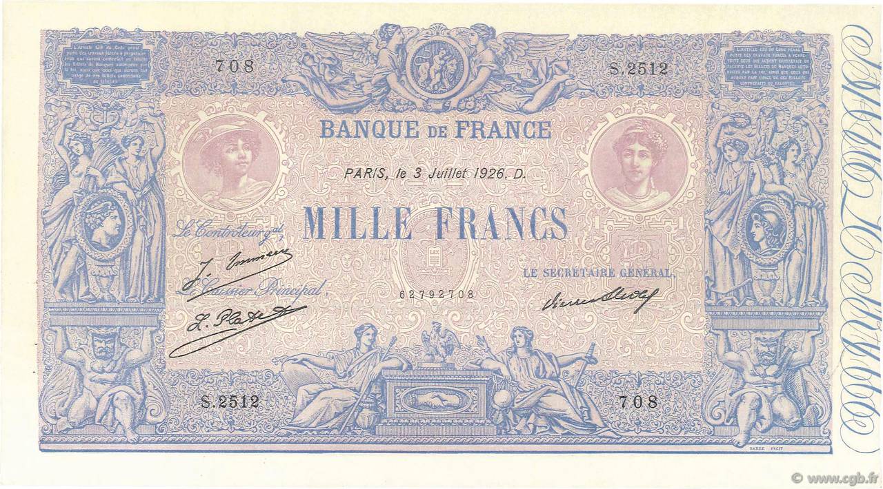 1000 Francs BLEU ET ROSE FRANCIA  1926 F.36.43 SC