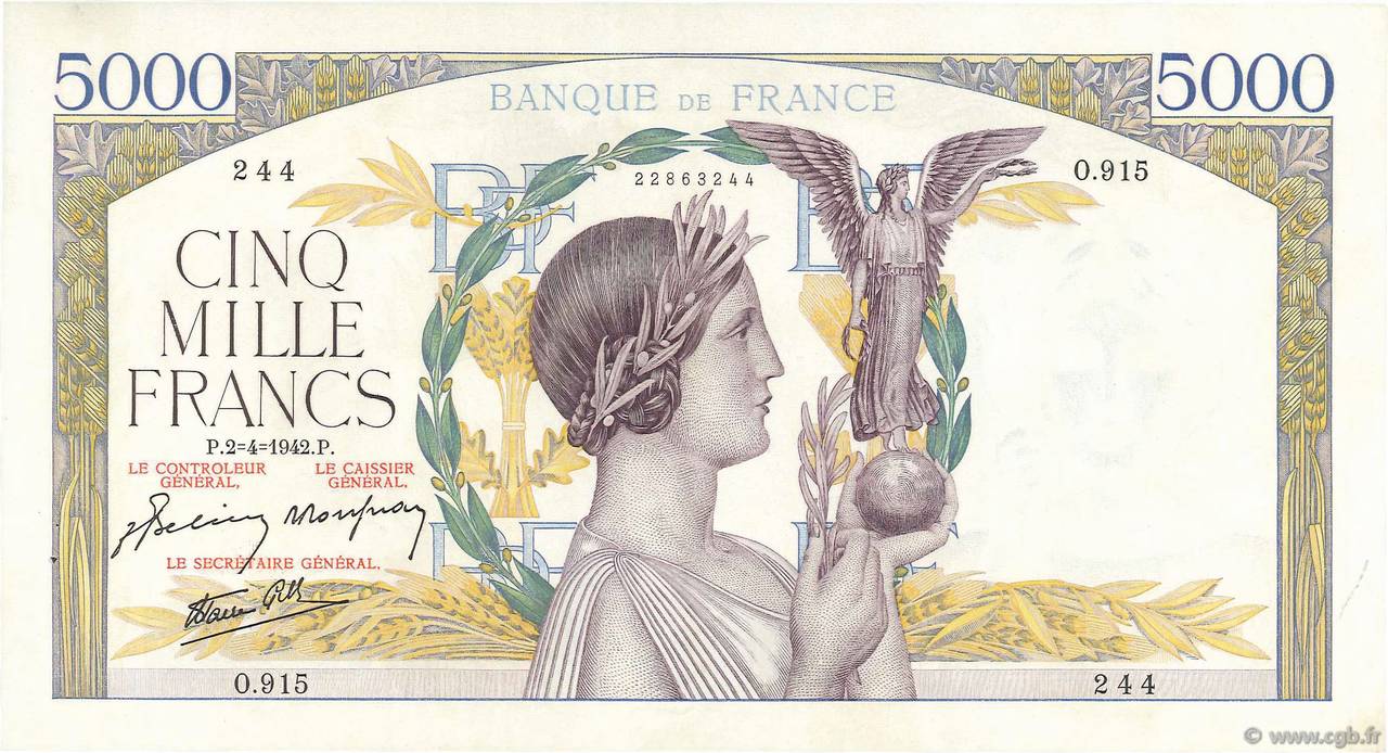 5000 Francs VICTOIRE Impression à plat FRANCE  1942 F.46.36 XF+