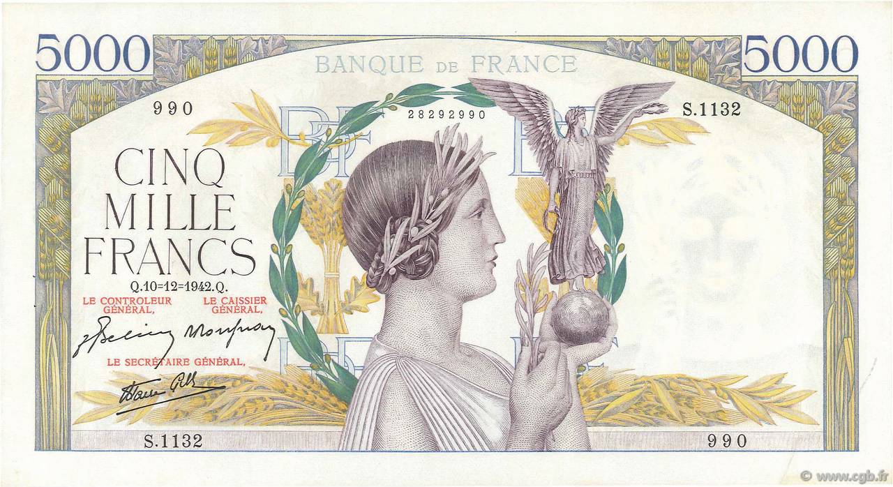 5000 Francs VICTOIRE Impression à plat FRANCIA  1942 F.46.45 AU