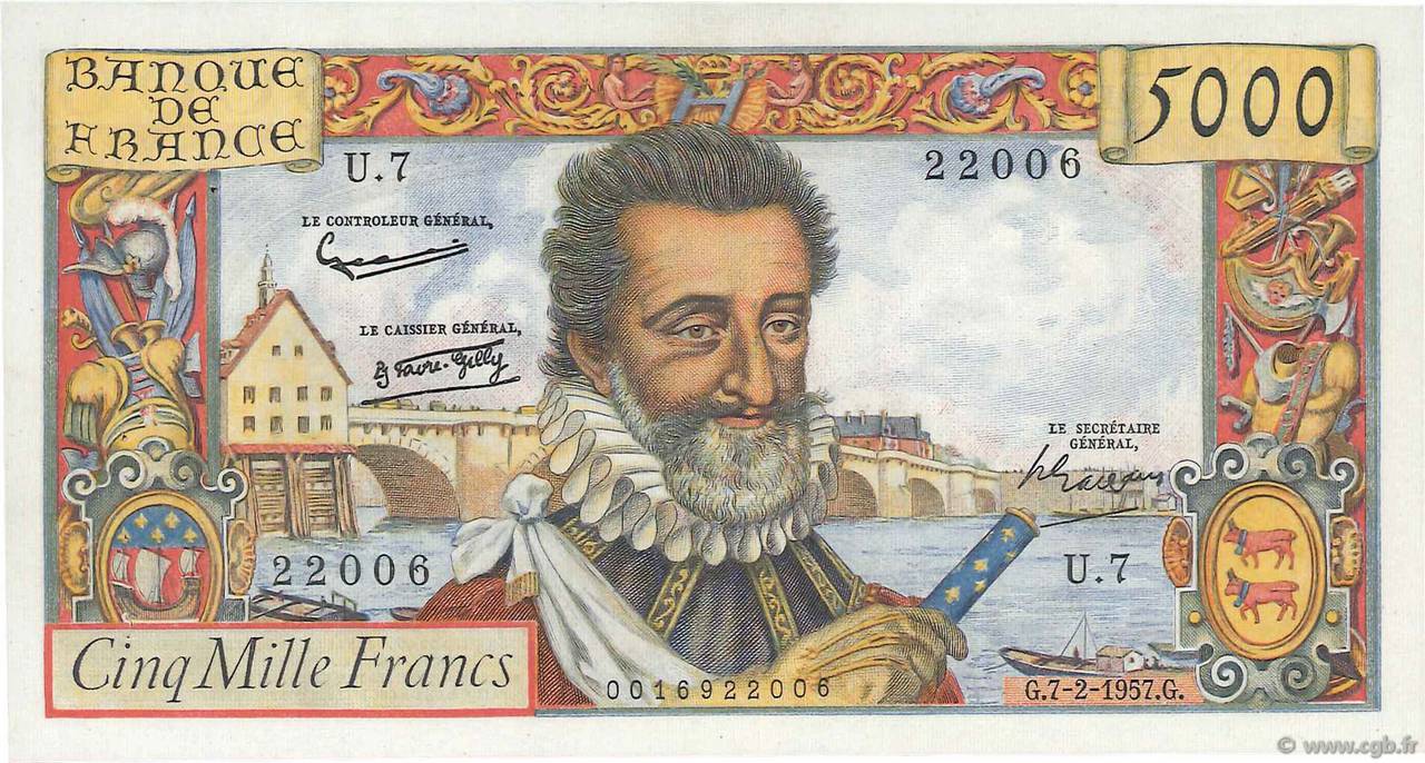5000 Francs HENRI IV FRANCIA  1957 F.49.01 EBC