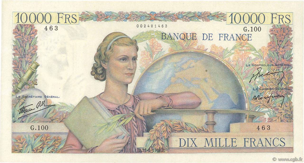 10000 Francs GÉNIE FRANÇAIS FRANKREICH  1946 F.50.05 SS to VZ