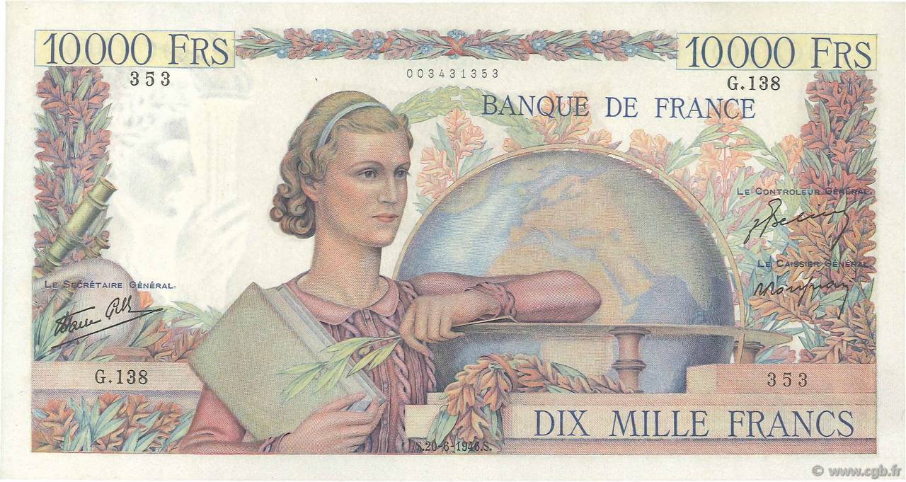 10000 Francs GÉNIE FRANÇAIS FRANKREICH  1946 F.50.06 VZ