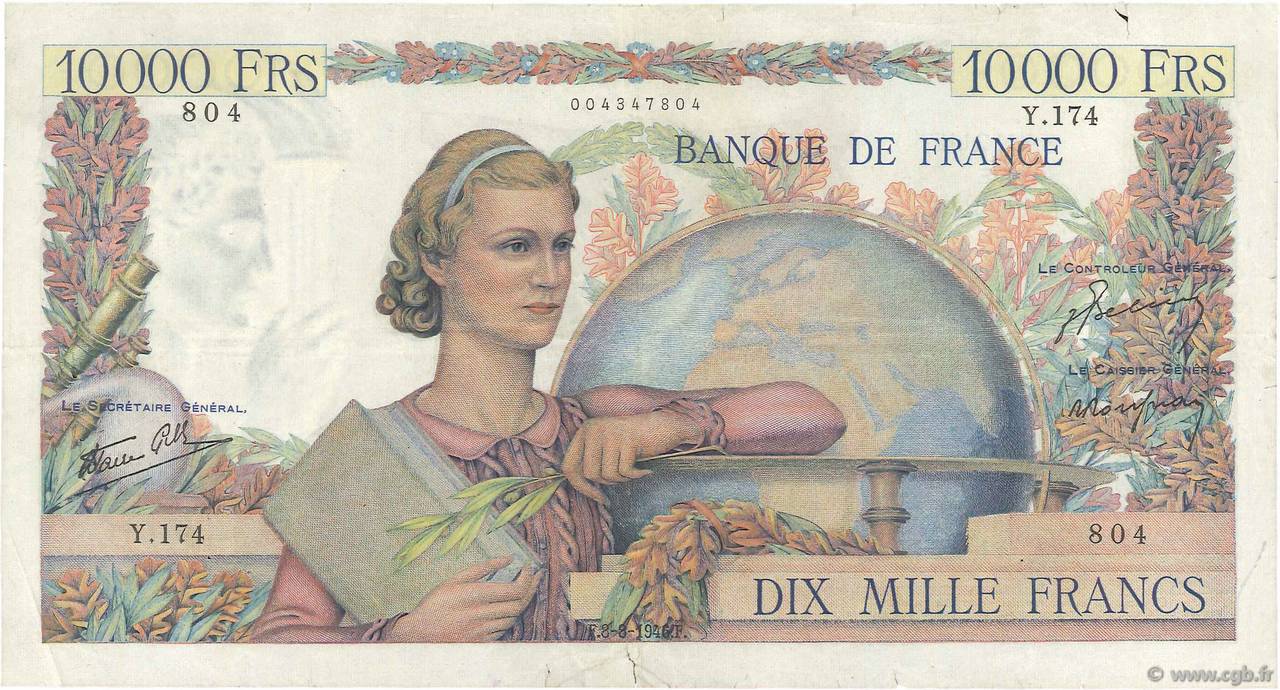 10000 Francs GÉNIE FRANÇAIS FRANCIA  1946 F.50.08 q.BB