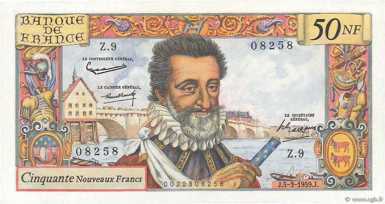 50 Nouveaux Francs HENRI IV FRANCE  1959 F.58.01 AU-