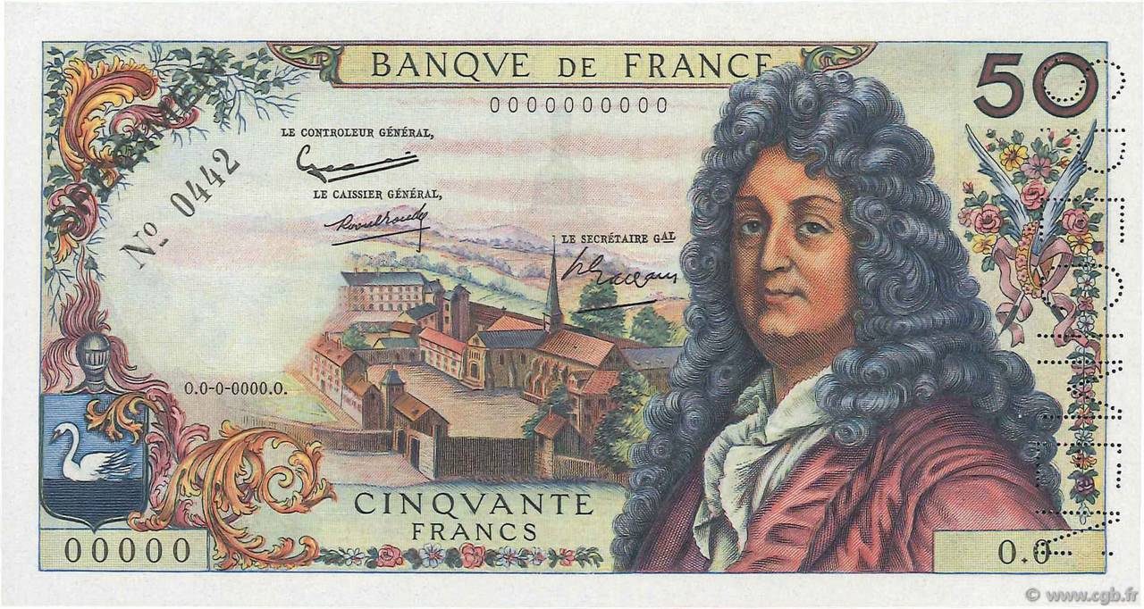 50 Francs RACINE Spécimen FRANCE  1962 F.64.01Spn UNC