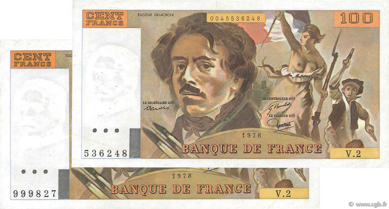 100 Francs DELACROIX Lot FRANCE  1978 F.68.02 / F.69.01a VF