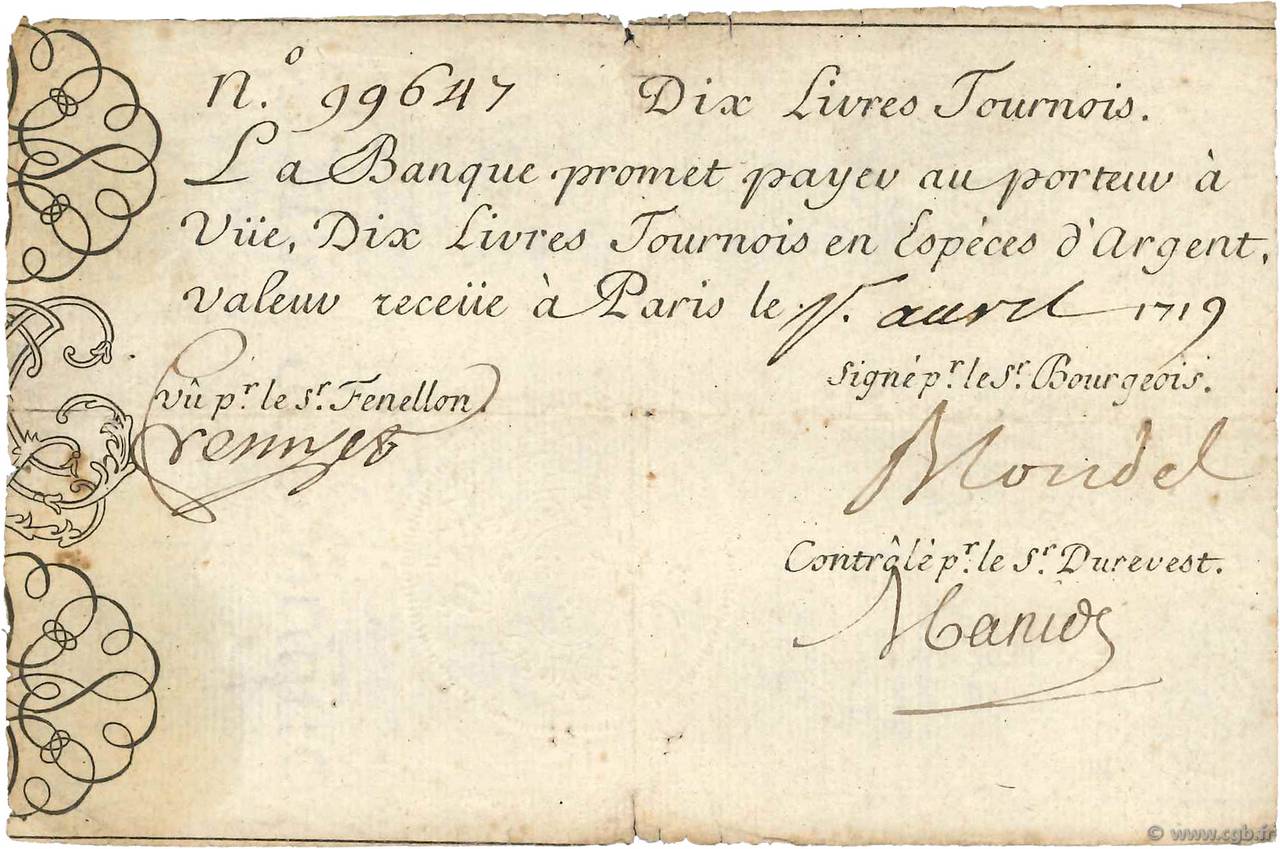 10 Livres Tournois gravé FRANCE  1719 Dor.01 TTB