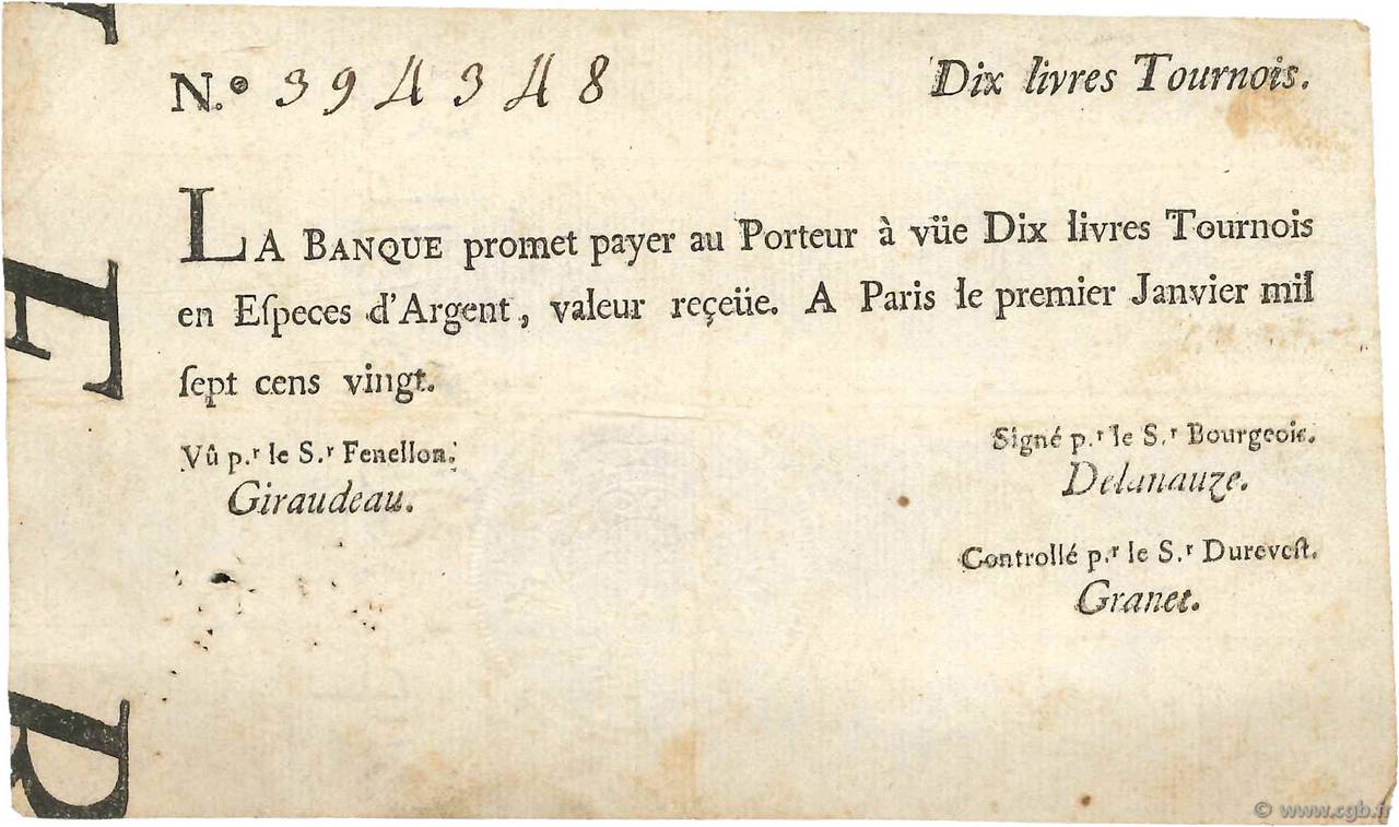 10 Livres Tournois typographié FRANCE  1720 Dor.21 TTB