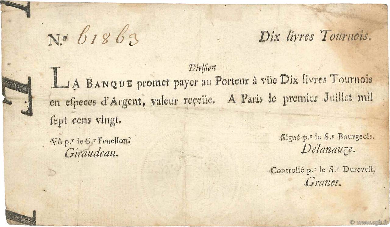 10 Livres Tournois typographié Petit numéro FRANCIA  1720 Dor.22c BC+