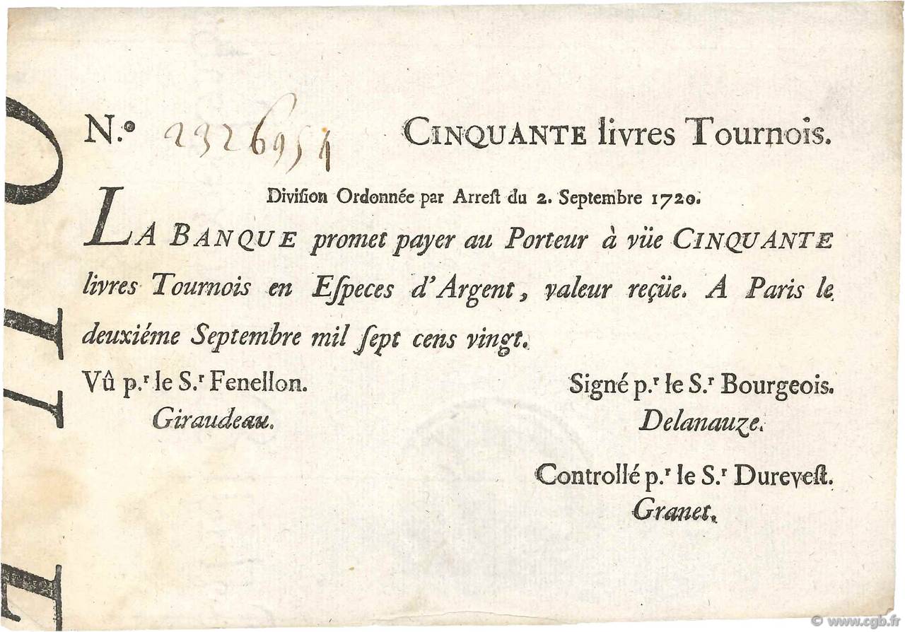 50 Livres Tournois typographié FRANCE  1720 Dor.24 XF