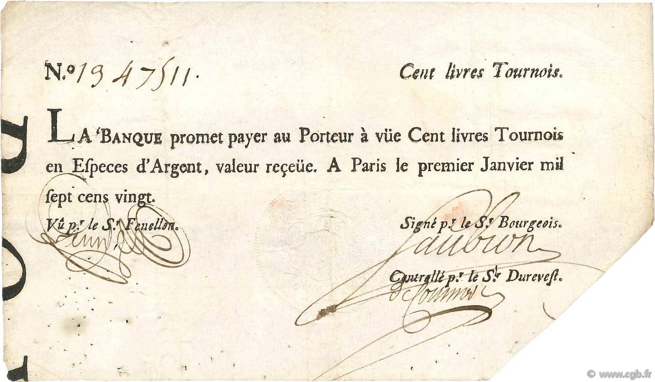 100 Livres Tournois typographié FRANKREICH  1720 Dor.26 SS