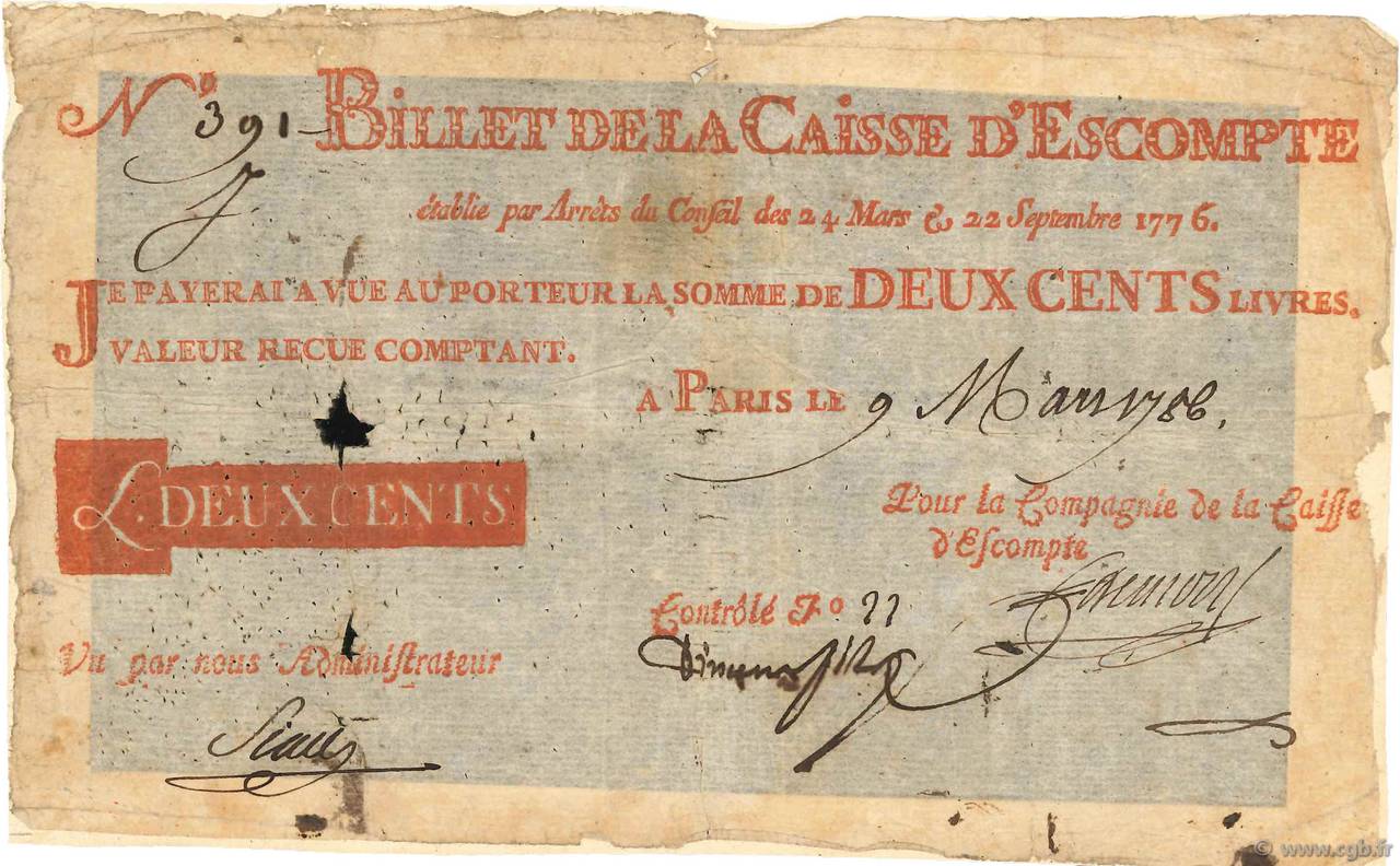 200 Livres Annulé FRANCE  1786 Laf.100 VG