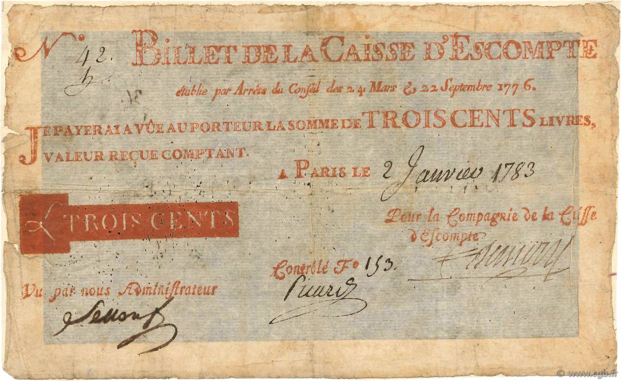 300 Livres Annulé FRANCE  1783 Laf.101 F