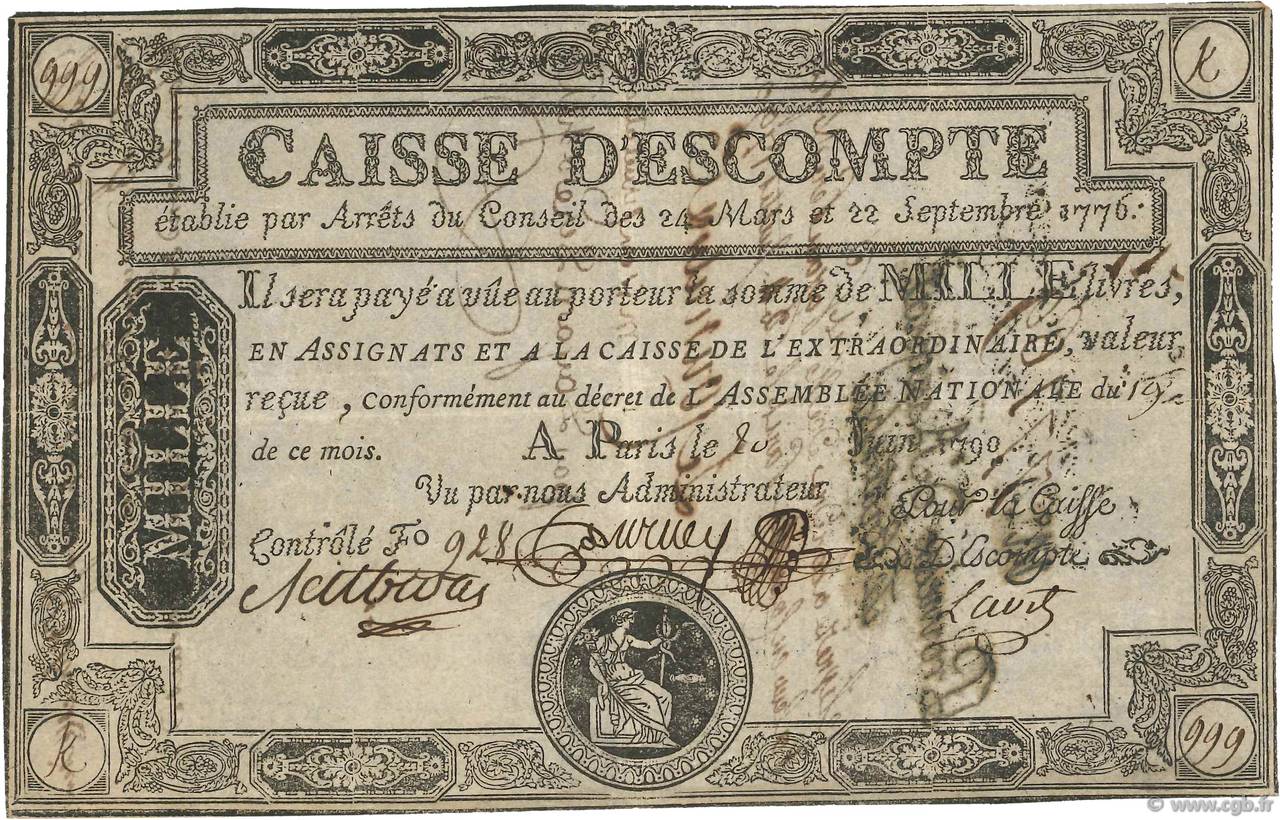1000 Livres FRANCE  1790 Laf.115 VF